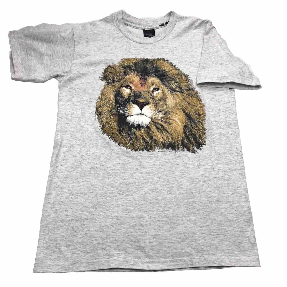 VTG Lion T-Shirt Womens M Gray Graphic Print MADE IN USA Single Stitch‎ 90s Cat